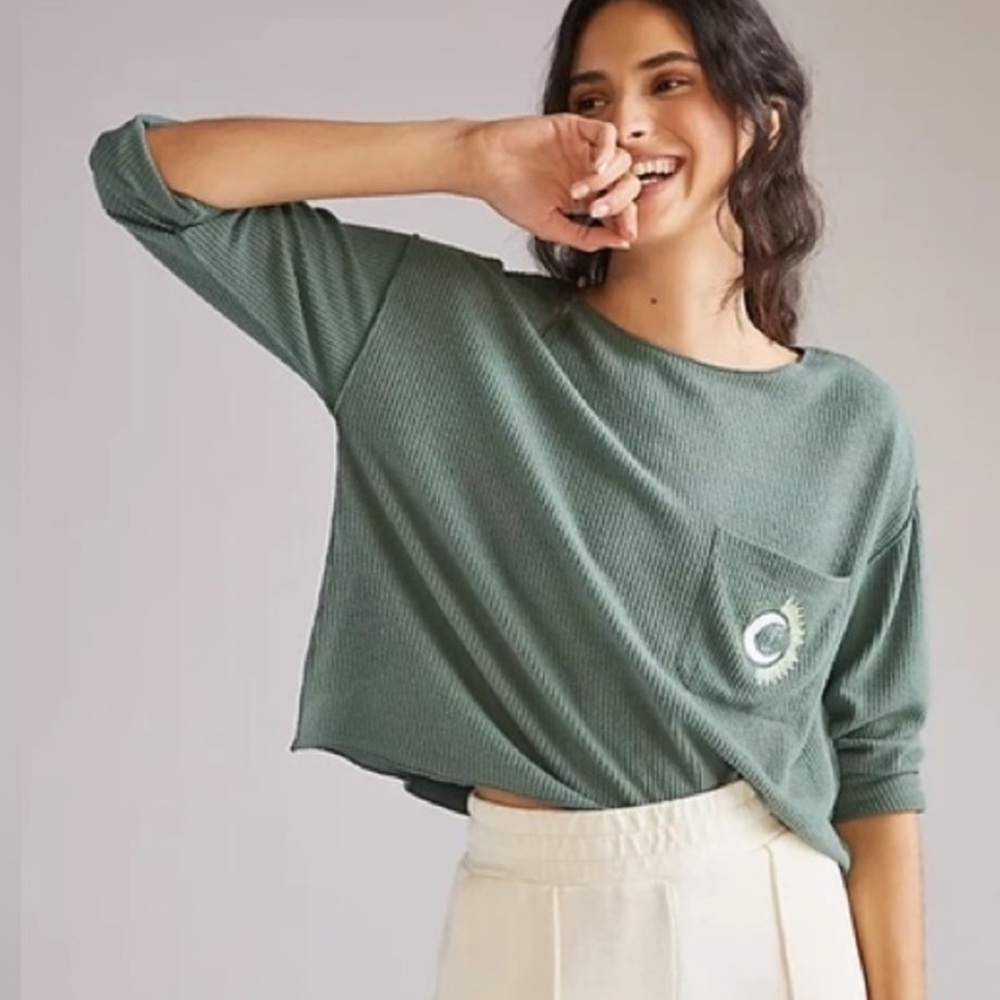 Anthropologie Daily Practice Green Waffle Knit Pocket Top Athleisure Size M